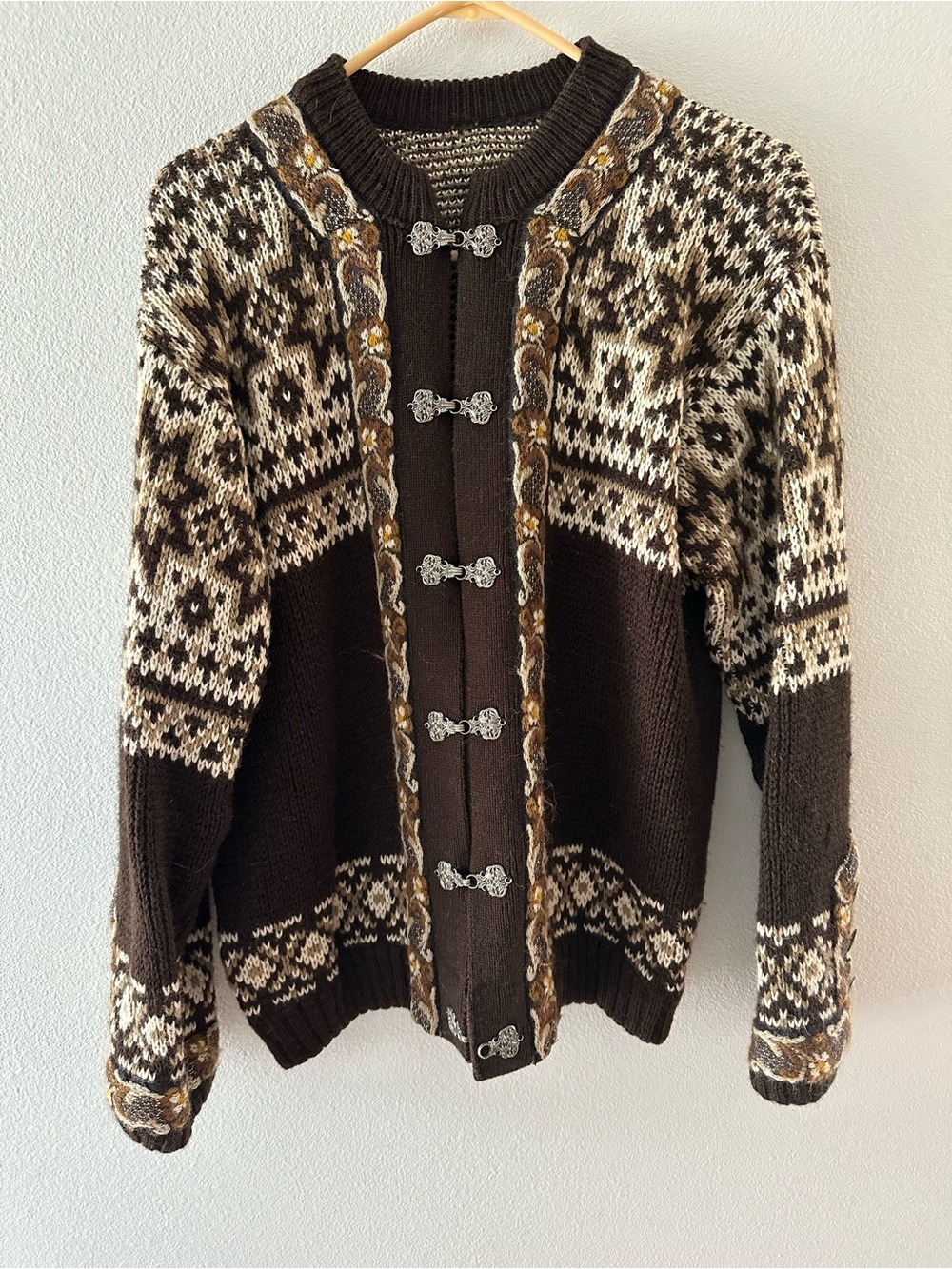 Classic Norwegian-Style Brown Wool Cardigan Sweater Fall Cottage core